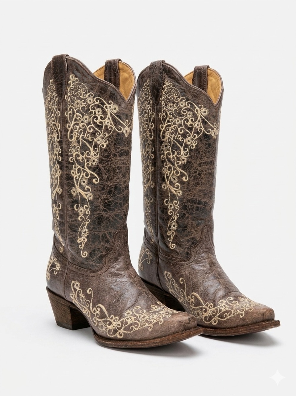 Corral Brown Leather Embroidered Western Heeled Boots with Cream Stitching, 10